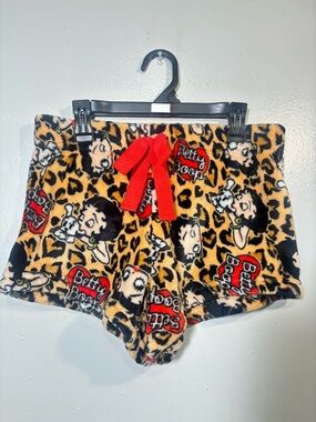 Betty Boop Leopard Print Plush Lounge Shorts with Red Drawstring